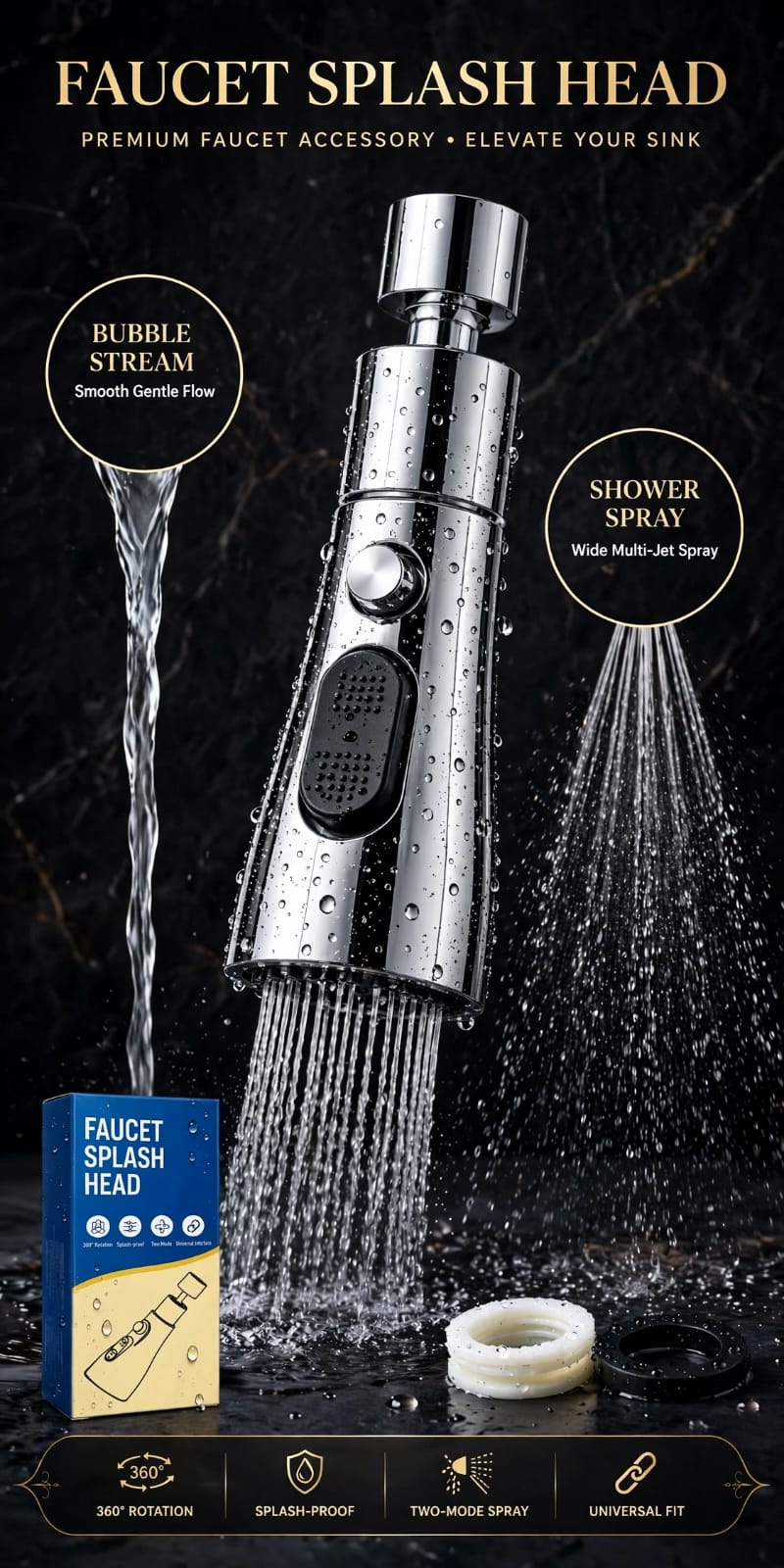 360° Rotating Faucet Splash Head | 2-Mode Water Saving Tap Nozzle – Splash Proof Universal Kitchen Faucet Attachment