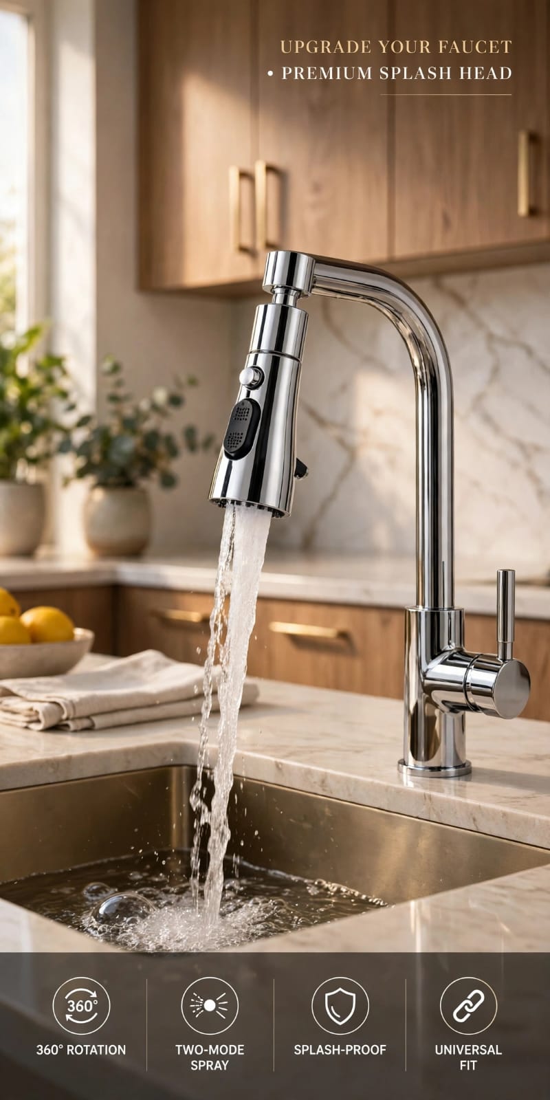 360° Rotating Faucet Splash Head | 2-Mode Water Saving Tap Nozzle – Splash Proof Universal Kitchen Faucet Attachment