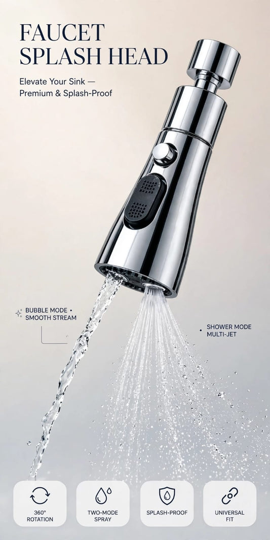 360° Rotating Faucet Splash Head | 2-Mode Water Saving Tap Nozzle – Splash Proof Universal Kitchen Faucet Attachment